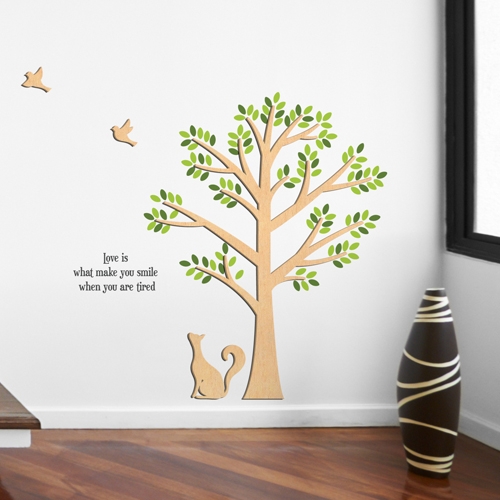 [우드스티커] 고양이와나무 (반제품)/ 반제품(우드)+라올+올리브+그레이(시트)