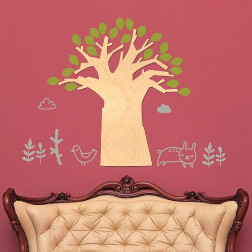 [우드스티커] 고목나무 (반제품)/ 반제품(우드)+올리브(잎)+라이트그레이(고양이)