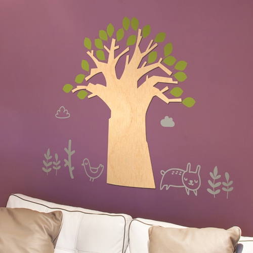 [우드스티커] 고목나무 (반제품)/ 반제품(우드)+올리브(잎)+라이트그레이(고양이)