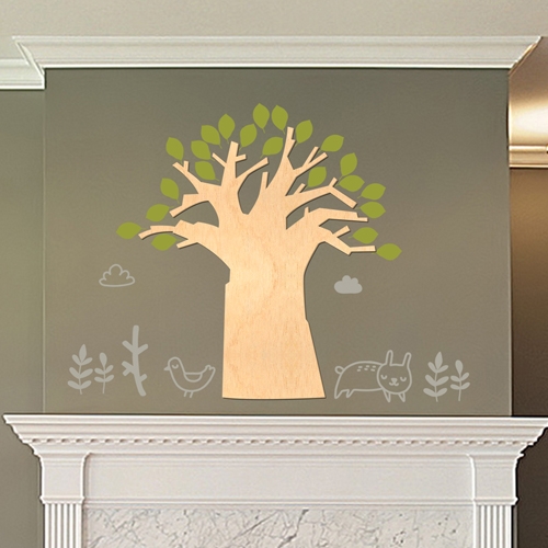 [우드스티커] 고목나무 (반제품)/ 반제품(우드)+올리브(잎)+라이트그레이(고양이)