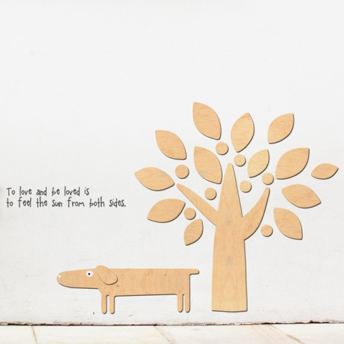 우드스티커- 강아지와나무 (반제품) 캐릭터 W503 입체/ 반제품(우드)+블랙(글자)