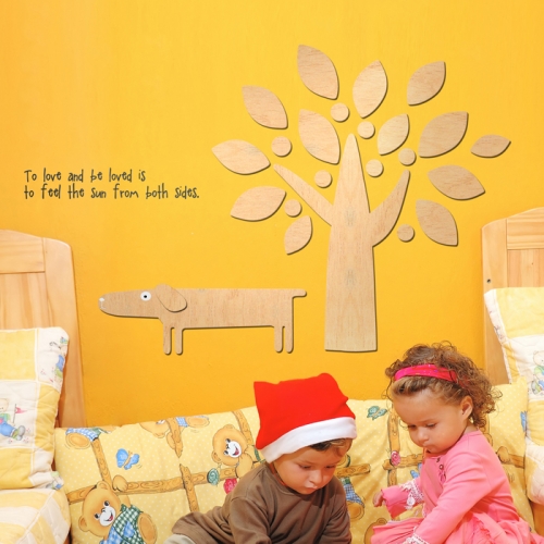 우드스티커- 강아지와나무 (반제품) 캐릭터 W503 입체/ 반제품(우드)+블랙(글자)