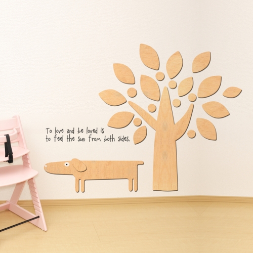 우드스티커- 강아지와나무 (반제품) 캐릭터 W503 입체/ 반제품(우드)+블랙(글자)