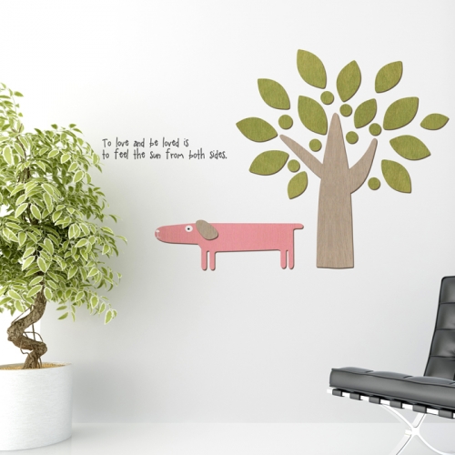 우드스티커- 강아지와나무 (컬러완제)캐릭터 W504입체