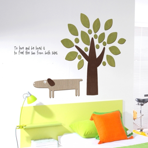 우드스티커- 강아지와나무 (컬러완제)캐릭터 W504입체