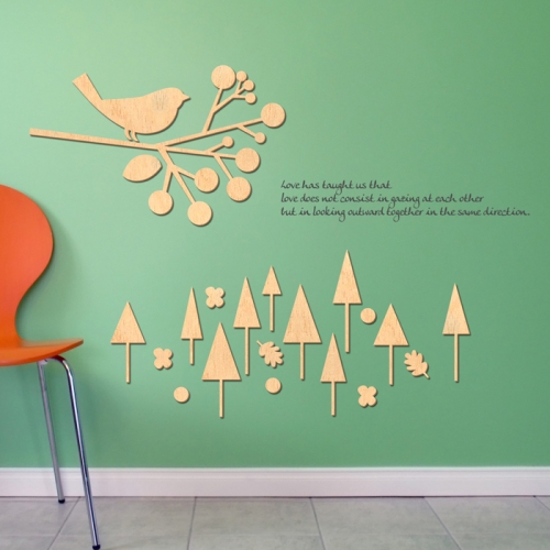 우드스티커- 숲과새 (반제품) W519 포인트 월데코입체/ 반제품(우드)+그레이(시트)