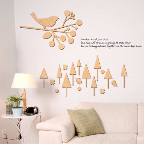 우드스티커- 숲과새 (반제품) W519 포인트 월데코입체/ 반제품(우드)+그레이(시트)