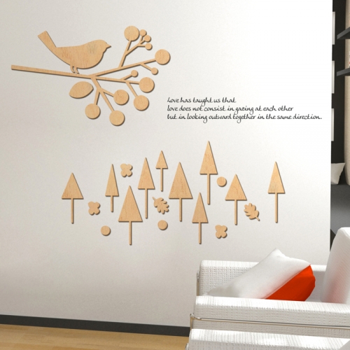 우드스티커- 숲과새 (반제품) W519 포인트 월데코입체/ 반제품(우드)+그레이(시트)