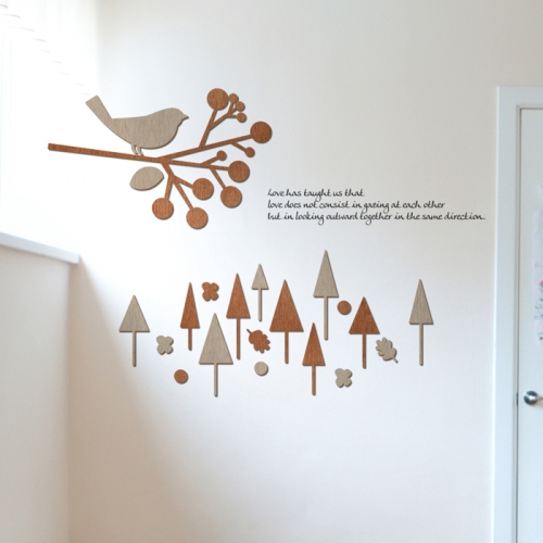 우드스티커- 숲과새 (컬러완제) W520 포인트 월데코