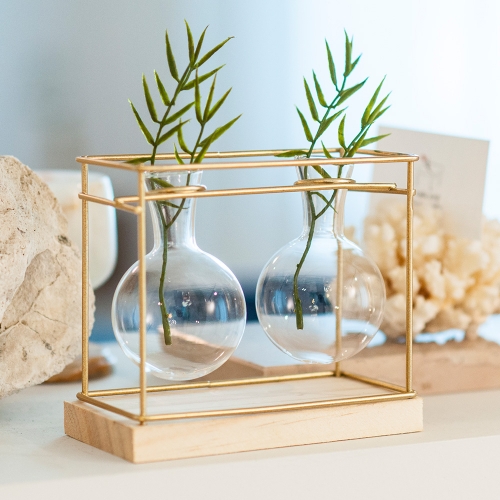골드와이어 실린더 2구 유리화병 프레임 화분 수경재배 유리화분