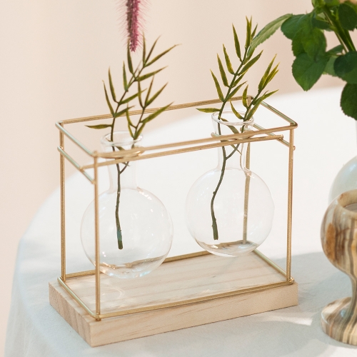 골드와이어 실린더 2구 유리화병 프레임 화분 수경재배 유리화분