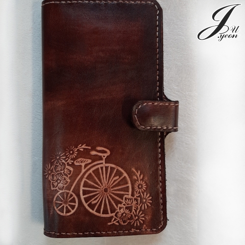 다기종슬라이드 통가죽 휴대폰케이스/꽃자전거_지퍼형/이니셜주문제작