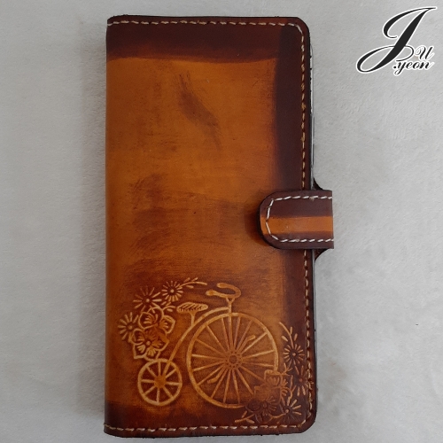 다기종슬라이드 통가죽 휴대폰케이스/꽃자전거_지퍼형/이니셜주문제작