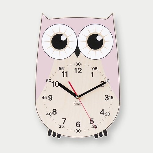 어린이 아이방 교육용 무소음 벽시계 - 부엉이 핑크