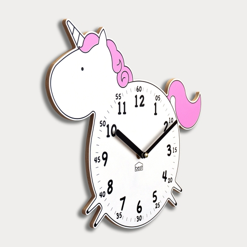 어린이 아이방 교육용 무소음 벽시계 - 유니콘 핑크
