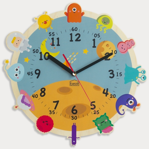 어린이 아이방 교육용 무소음 벽시계 - 귀여운 우주친구