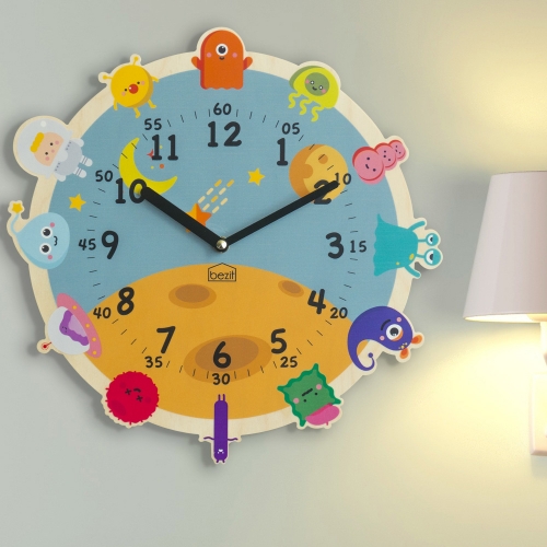 어린이 아이방 교육용 무소음 벽시계 - 귀여운 우주친구