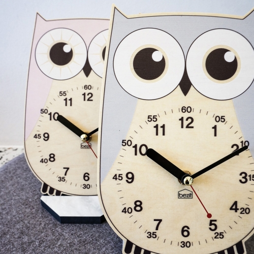 어린이 아이방 교육용 무소음 탁상시계 - 그레이,핑크 부엉이