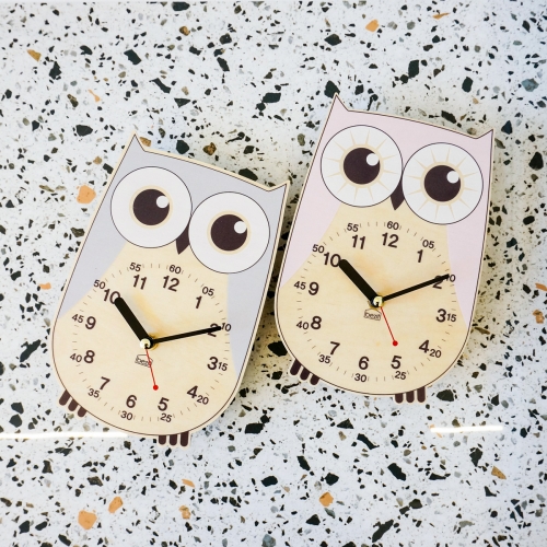 어린이 아이방 교육용 무소음 탁상시계 - 그레이,핑크 부엉이