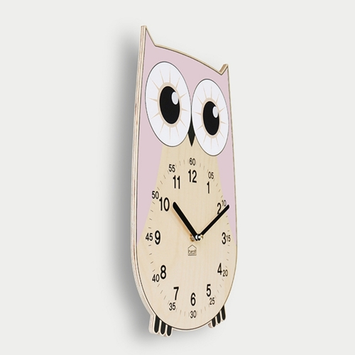 (이벤트가)어린이 아이방 교육용 무소음 벽시계 - 부엉이 핑크