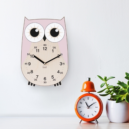 (이벤트가)어린이 아이방 교육용 무소음 벽시계 - 부엉이 핑크