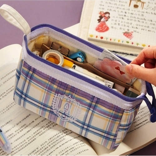 고급 로고 체크 선형 파우치 신학기 필통 봉제 필통 3색