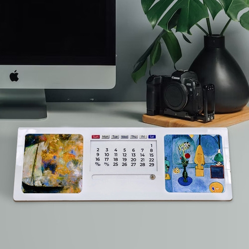 출시특가]고화질 메탈 포토 세계 명화 달력 천연대나무 만년달력 액자(탁상용)