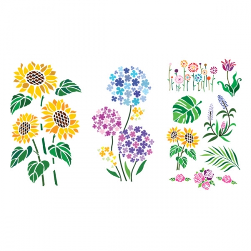 [탑키드] 스텐실 도안 (3장 해바라기,수국,꽃과 잎사귀)