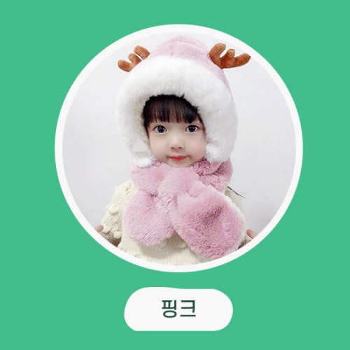 [KC인증] 크리스마스선물 귀여운 애니멀 모자목도리+산타 선물가방 털 겨울 유아 아동