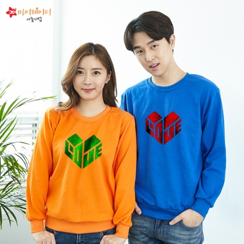 국내산 고급 특양면 맨투맨 긴팔 티셔츠 반짝반짝 글리터아트 하트인러브 (아동/성인)