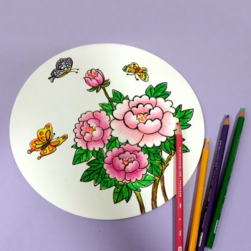 [탑키드] 종이 원형 액자 민화 목단 (23cm)