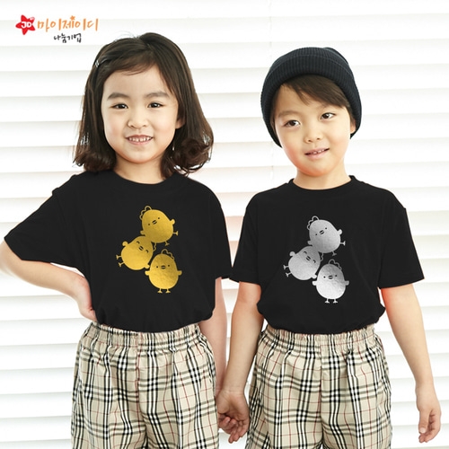 국내산 순면 티셔츠 반팔 _반짝반짝  포일아트 병아리삼총사 ☆실버포일아트☆