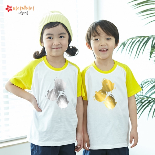 국내산 순면 나그랑 티셔츠 반팔 _반짝반짝 포일 아트 병아리삼총사 (골드/실버)