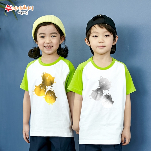 국내산 순면 나그랑 티셔츠 반팔 _반짝반짝 포일 아트 병아리삼총사 (골드/실버)