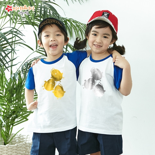 국내산 순면 나그랑 티셔츠 반팔 _반짝반짝 포일 아트 병아리삼총사 (골드/실버)