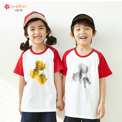 국내산 순면 나그랑 티셔츠 반팔 _반짝반짝 포일 아트 병아리삼총사 (골드/실버)