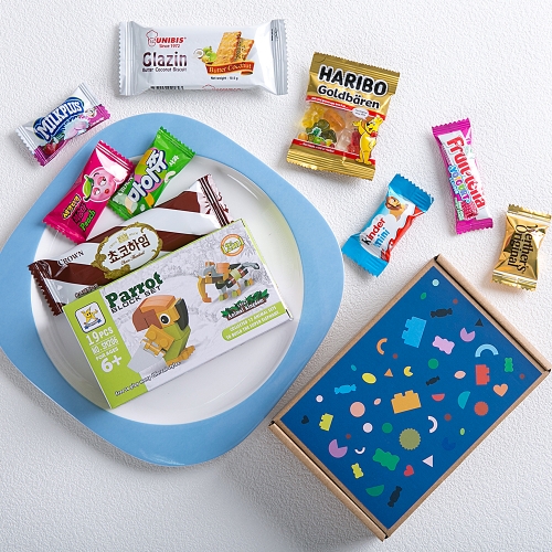 [답례품 구디백] 해피박스 블록(파랑)+무료스티커 졸업 입학 스티커 생일 간식 선물 방학 축하 G_GI0060