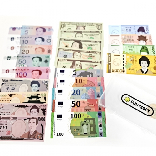 퍼니소피 소장용 세계 여러 나라 화폐 세트 24종 보관함포함 원 달러 유로 위안 엔 비트코인 (보관함포함) / 코팅 방수 역할놀이 역할영역 시장놀이 가게놀이