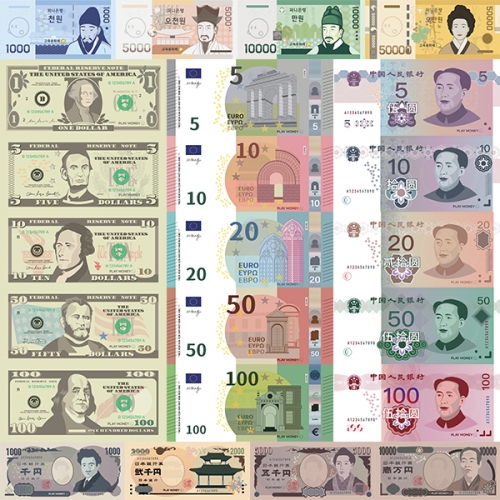 퍼니소피 소장용 세계 여러 나라 화폐 세트 24종 보관함포함 원 달러 유로 위안 엔 비트코인 (보관함포함) / 코팅 방수 역할놀이 역할영역 시장놀이 가게놀이