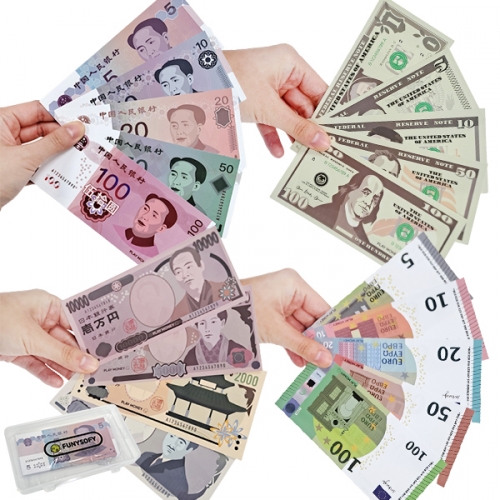 퍼니소피 1인용 세계 어린이 화폐 은행 놀이 (달러, 위안, 유로, 엔) / 코팅 방수 역할놀이 역할영역 시장놀이 가게놀이