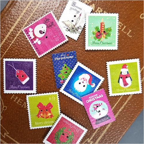 [파스텔클레이] (10개입) 우드 단추 크리스마스 우표 10종