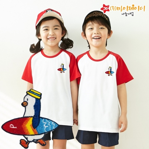 국산 순면 30수 나그랑 티셔츠 면티 반팔 야구티 _고급 와펜자수 써핑펭귄(아동성인)