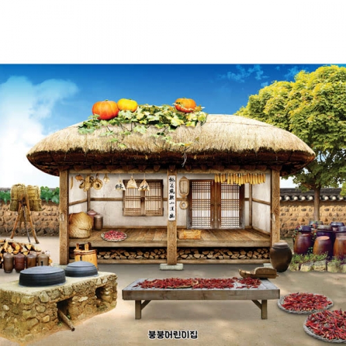 [파티붕붕]D4912 전통가옥 현수막 / 초가집 현수막 유치원 어린이집 시골 전통민속 배경 포토존