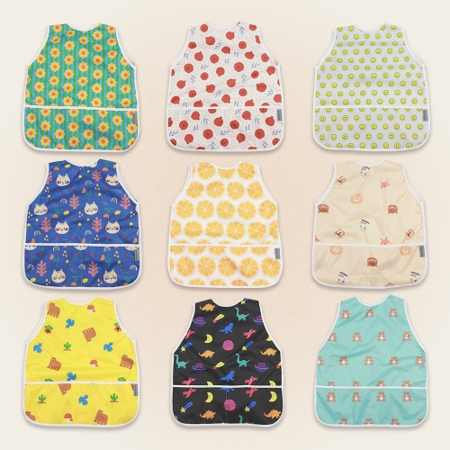 베베슈에뜨 유아동 패턴 방수 민소매 앞치마, 방수 두건, 방수 팔토시 세트