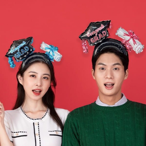 [파티붕붕]콩그렛츠 GRAD 풍선머리띠 / 졸업 학사모 풍선 머리띠 졸업식 축하 파티 소품
