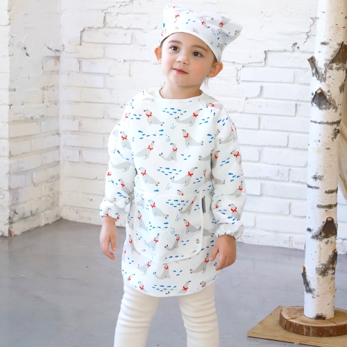 베베슈에뜨 유아동 시바견류 방수 긴팔 미술가운, 방수 두건 세트