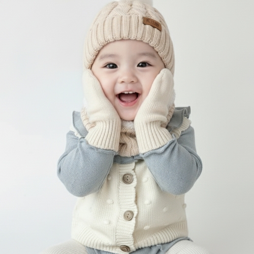 키저스 아기 유아 겨울 방한모자 넥워머 장갑 3종 기프트 목도리 선물세트