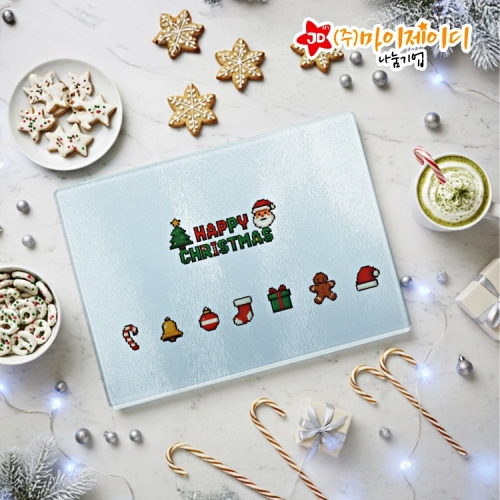 거운 크리스마스 선물 답례품 홈파티 항균 플레이팅 보드 강화 유리 도마 픽셀 크리스마스-소