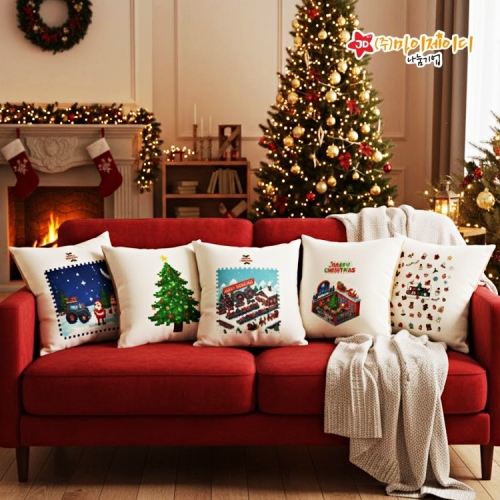 재미있는 크리스마스 픽셀 아트디자인 선물용 차량용 배색 캔바스 미니 쿠션 (솜포함)