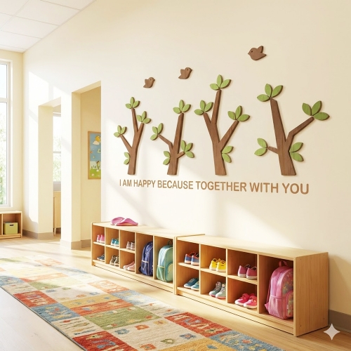W30 어린이집 유치원 복도 환경구성 숲속 나무 4그루 우드 입체 벽장식